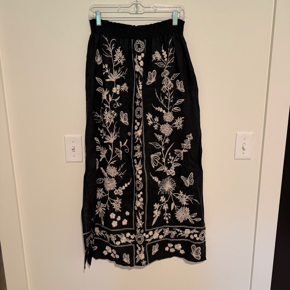 Johnny Was Embroidered Linen Maxi Skirt Black Floral Butterfly Smocked Waist M - Picture 2 of 4